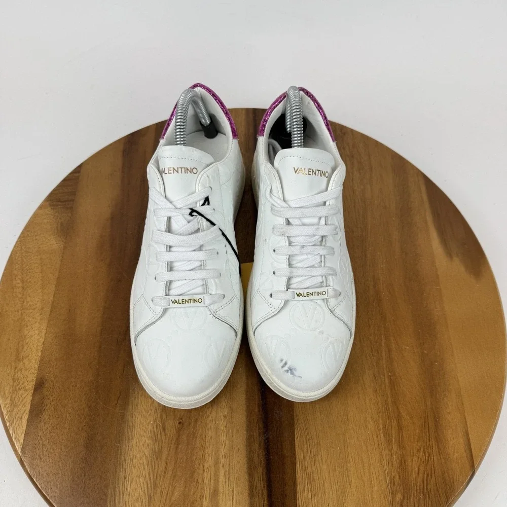 New Womens Valentino Sofia Vlogo White Pink Leather Low Sneakers Size 7.5 M NWOB